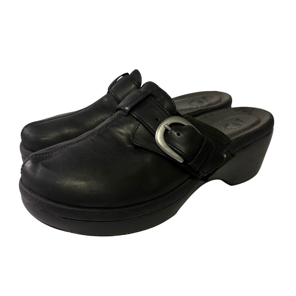 Crocs Cobbler Black Leather Wedge Clogs Mules Buckle Strap 15513 Womens 9
